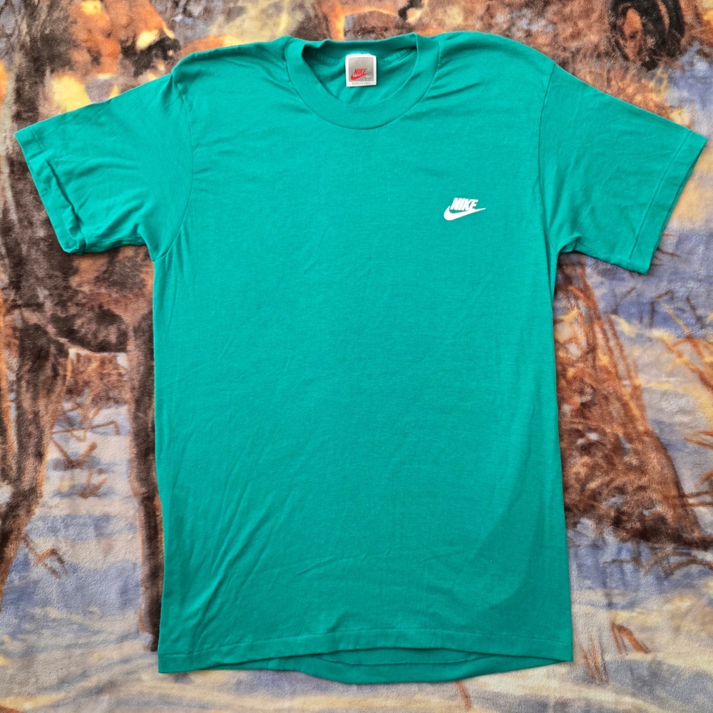 Nike Sportswear 80s Spellout Blank Blue Green Single Stitch Swoosh Tee sz Large